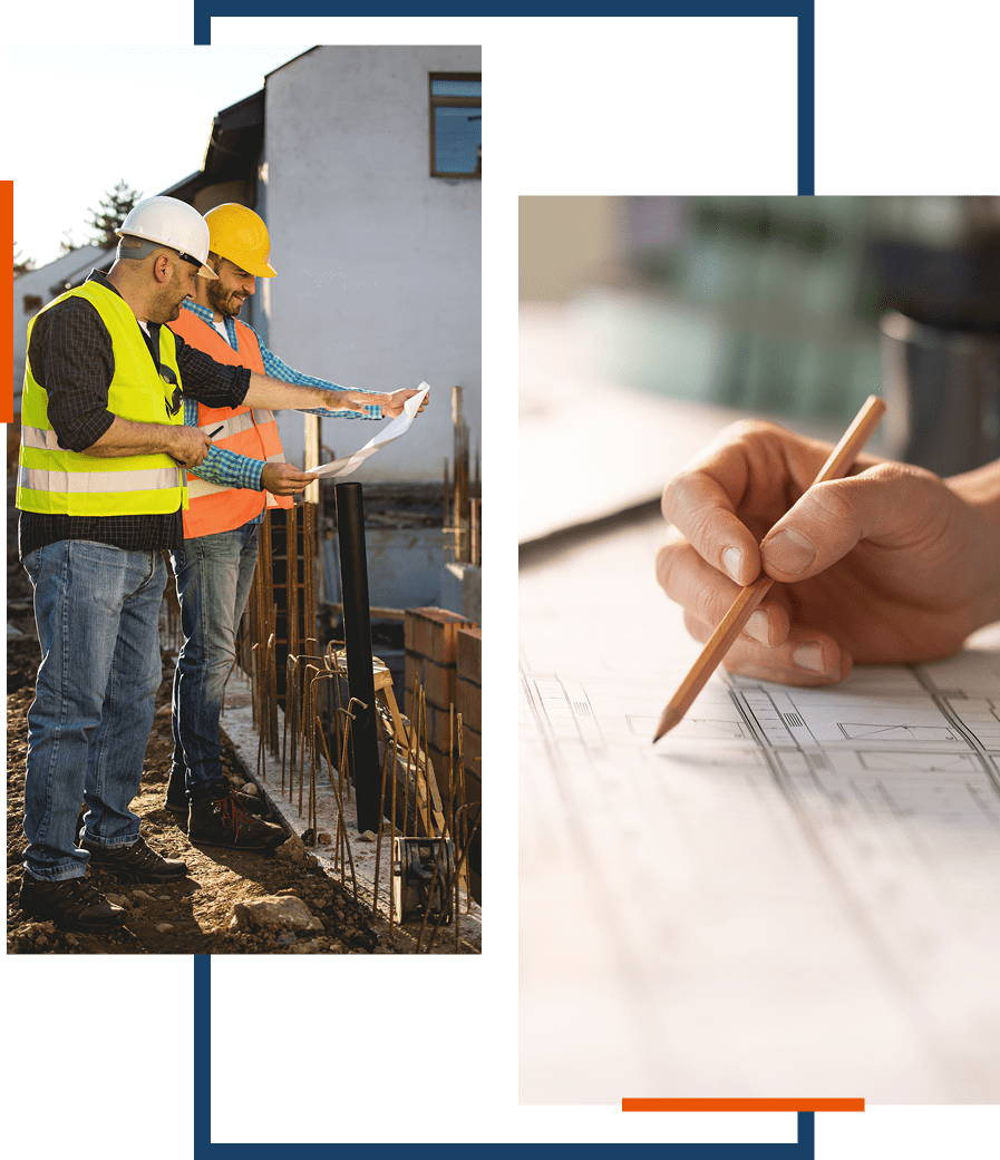 Construction workers and architectural blueprint planning.